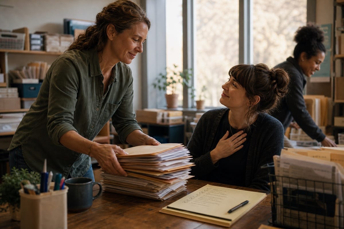 A colleague offers practical support with a stack of work