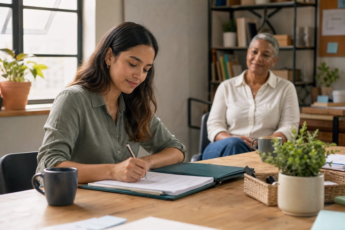 A nonprofit staff member works independently while a senior leader gives her space and support