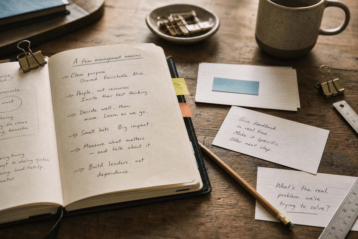 Notebook and index cards used to build a personal management toolkit