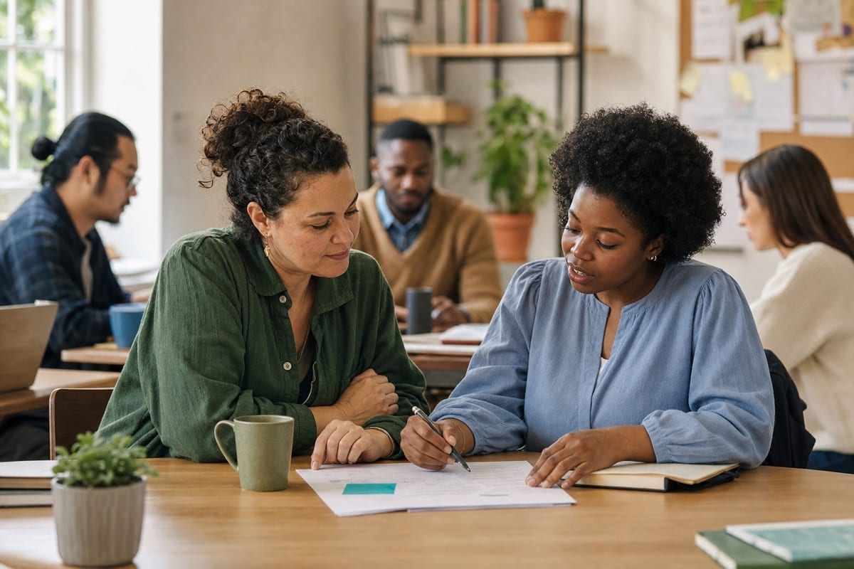 A nonprofit manager listens as a staff member works through a planning document