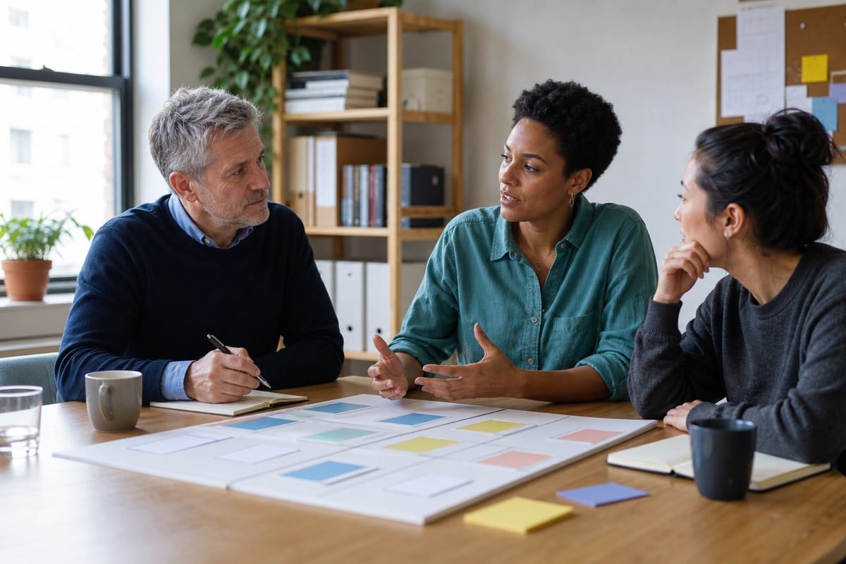 A nonprofit manager listens as two colleagues discuss a team planning board