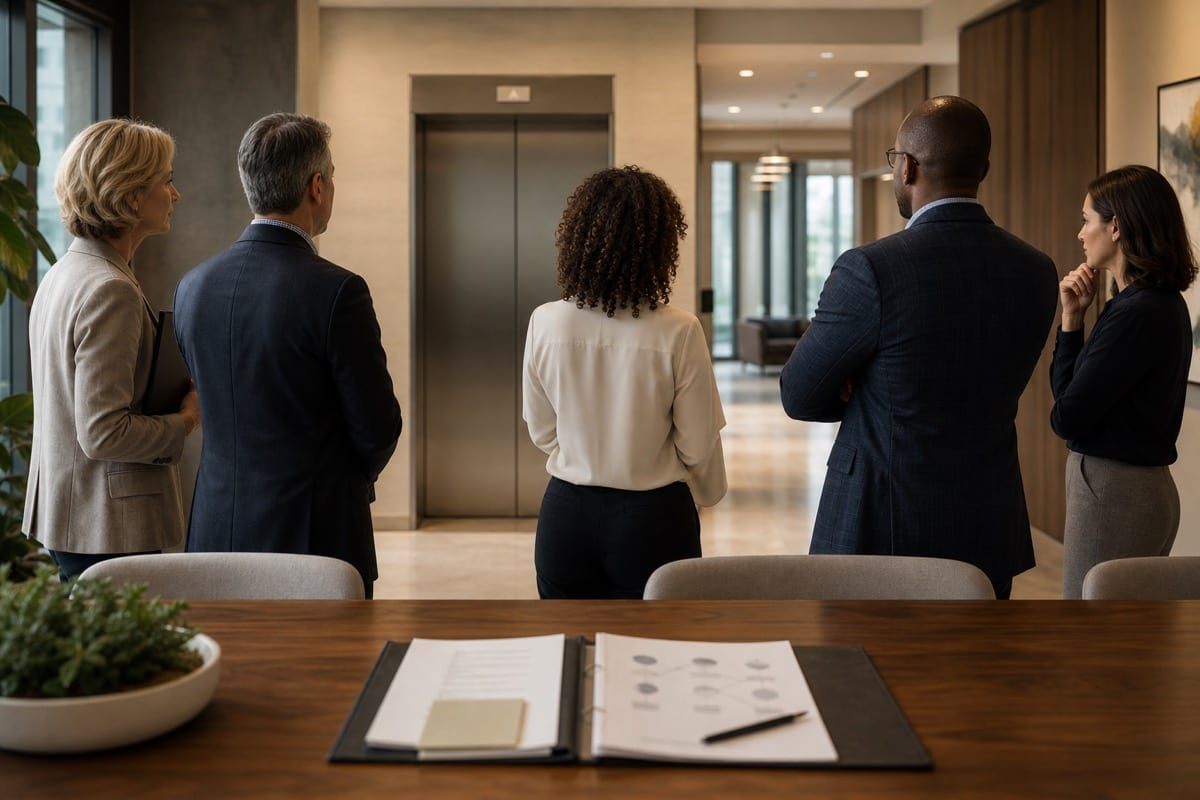 Nonprofit leaders facing an elevator during an executive succession planning discussion