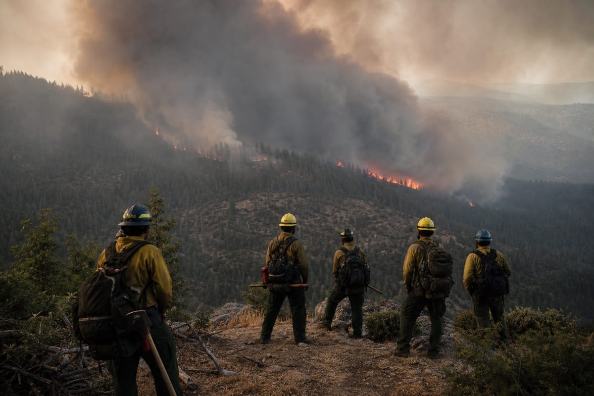 A wildland firefighting crew surveys a forest fire from a safe overlook