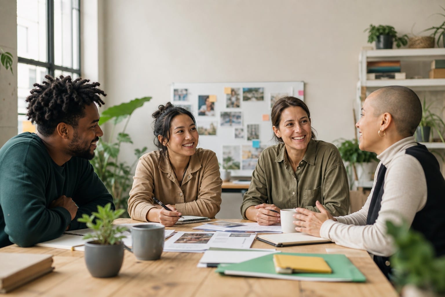 Nonprofit team members collaborating around a table in a bright office