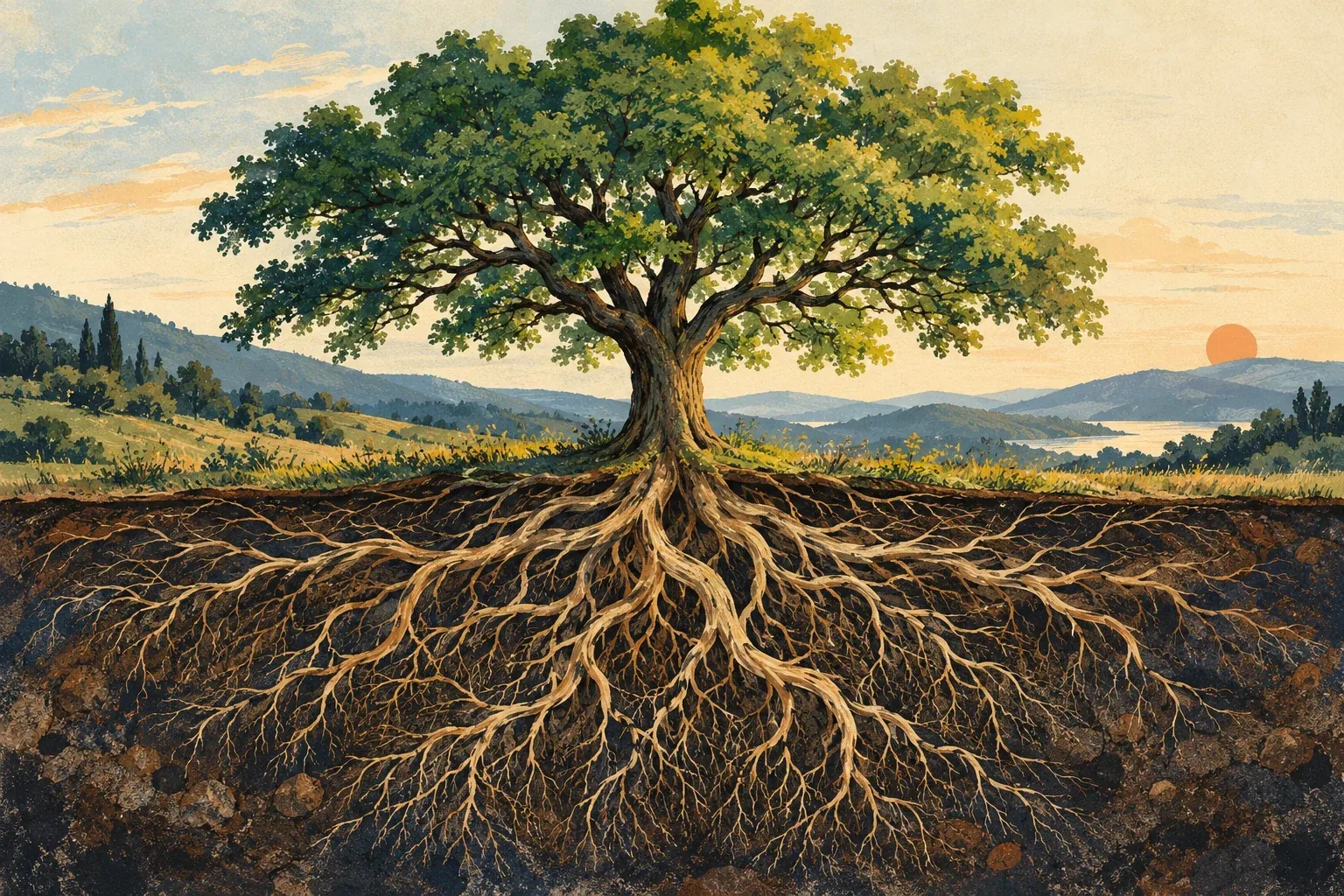 An illustrated tree with an extensive root system, showing the support beneath a thriving canopy.