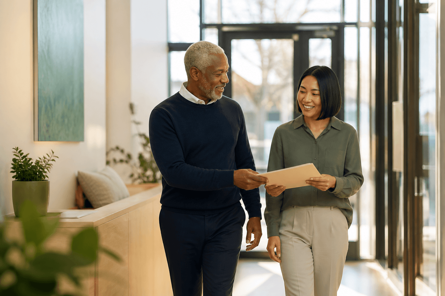 Two nonprofit leaders walk side by side through a bright office while exchanging a folder.
