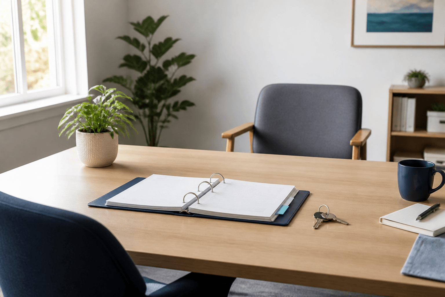 An open nonprofit office binder, keys, and an empty chair waiting for a leadership handoff.