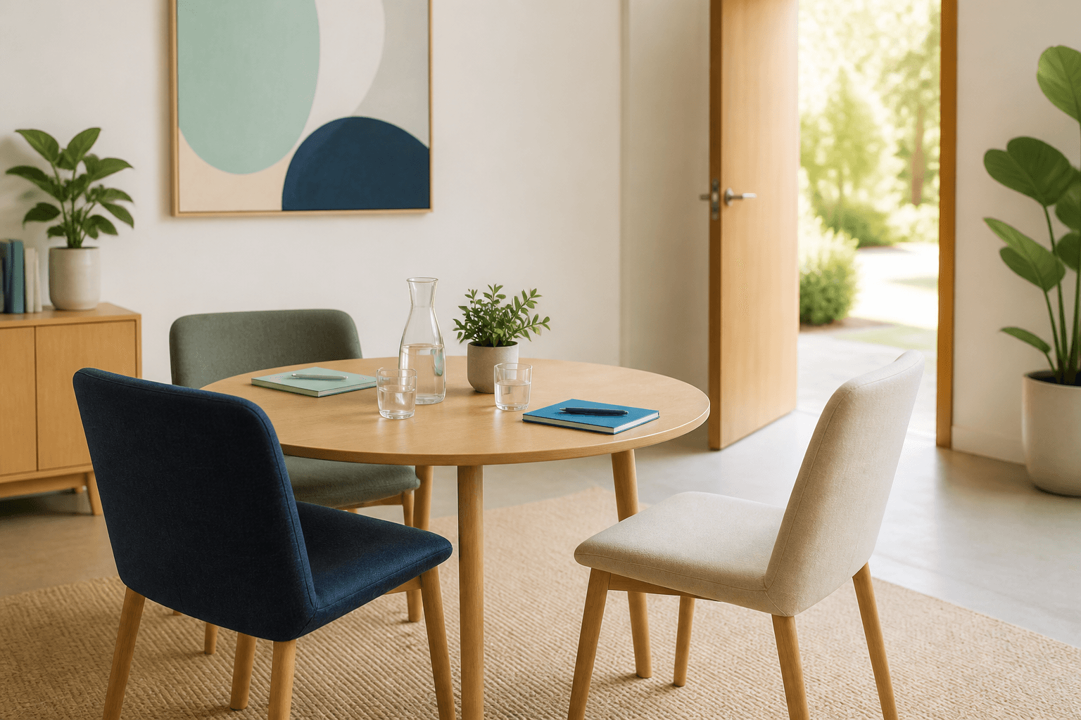 Three empty chairs around a small meeting table, suggesting a prepared successor pipeline.