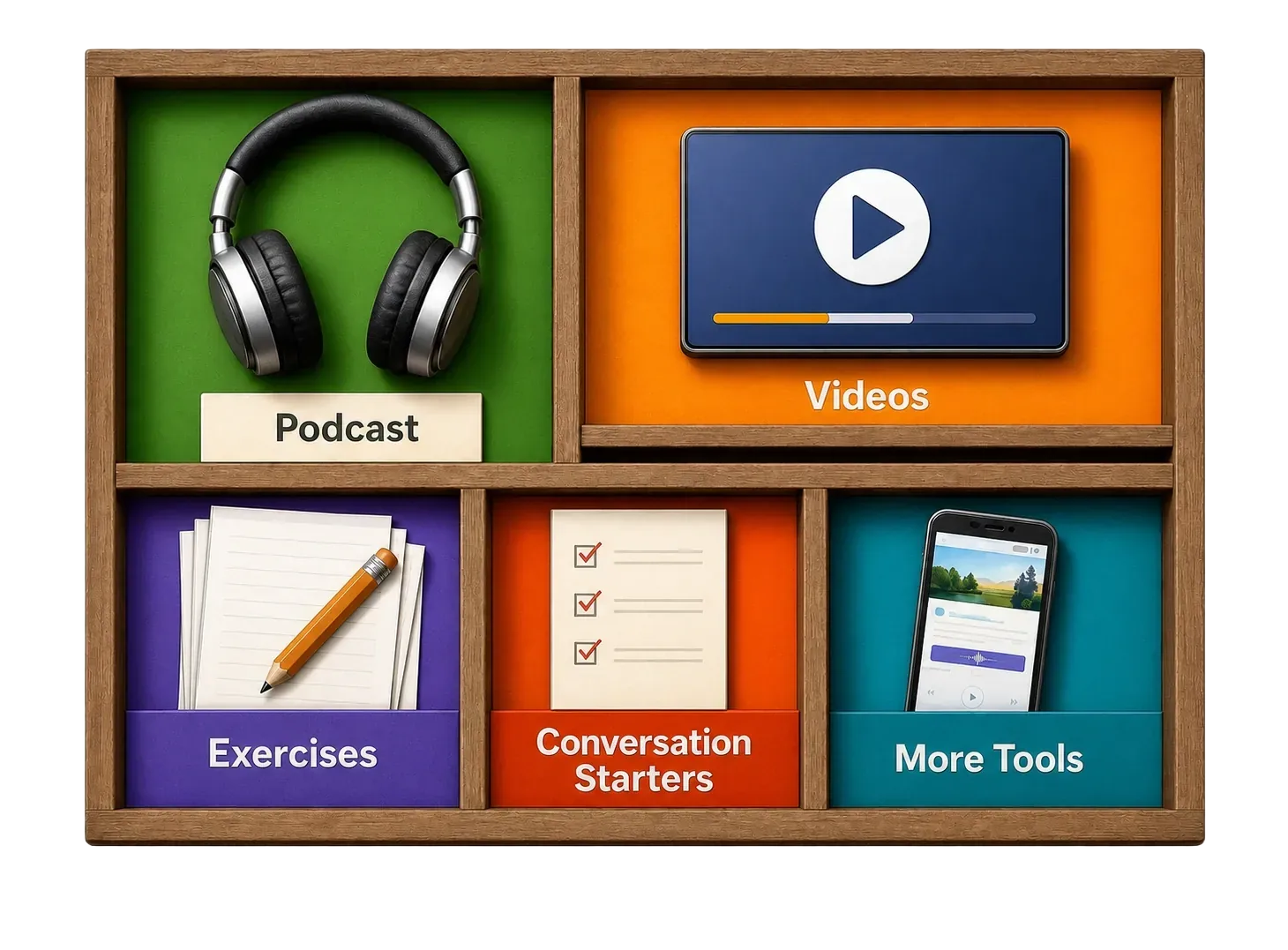 Wooden Bento Box with podcast, videos, exercises, conversation starters, and more tools