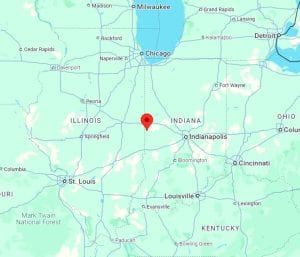 Map of Indiana showing the location of the town of Cayuga